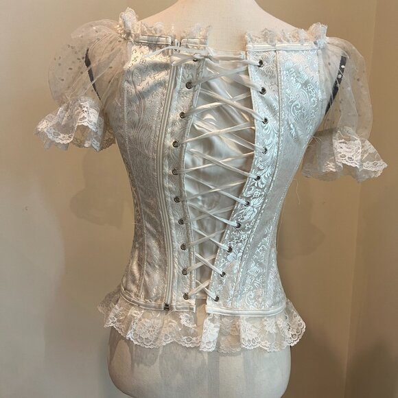 White Brocade Princess Renaissance Fair Corset Top Size M - Picture 3 of 10